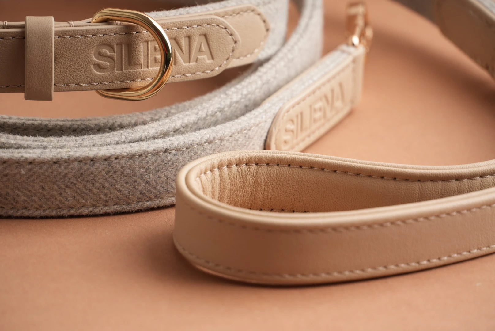 Detailaufnahme Siliena Hundeleine und Halsband in Beige mit goldener Schnalle, hochwertiges Textil und Echtleder auf beigem Hintergrund.